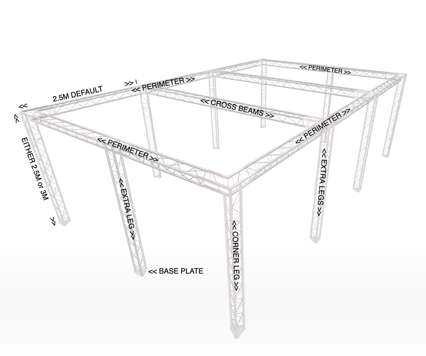 Modularer Truss-Ständer im Full-Perimeter-Stil, 5 m breit x 8 m tief | 3M hoch | Mit zusätzlichen Beinen (X6)